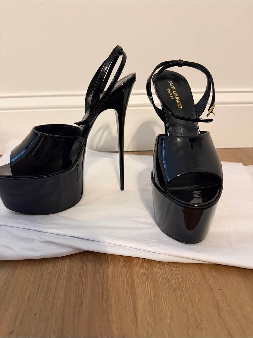 Saint Laurent Kika Black Patent Leather Platform Slingback Heels